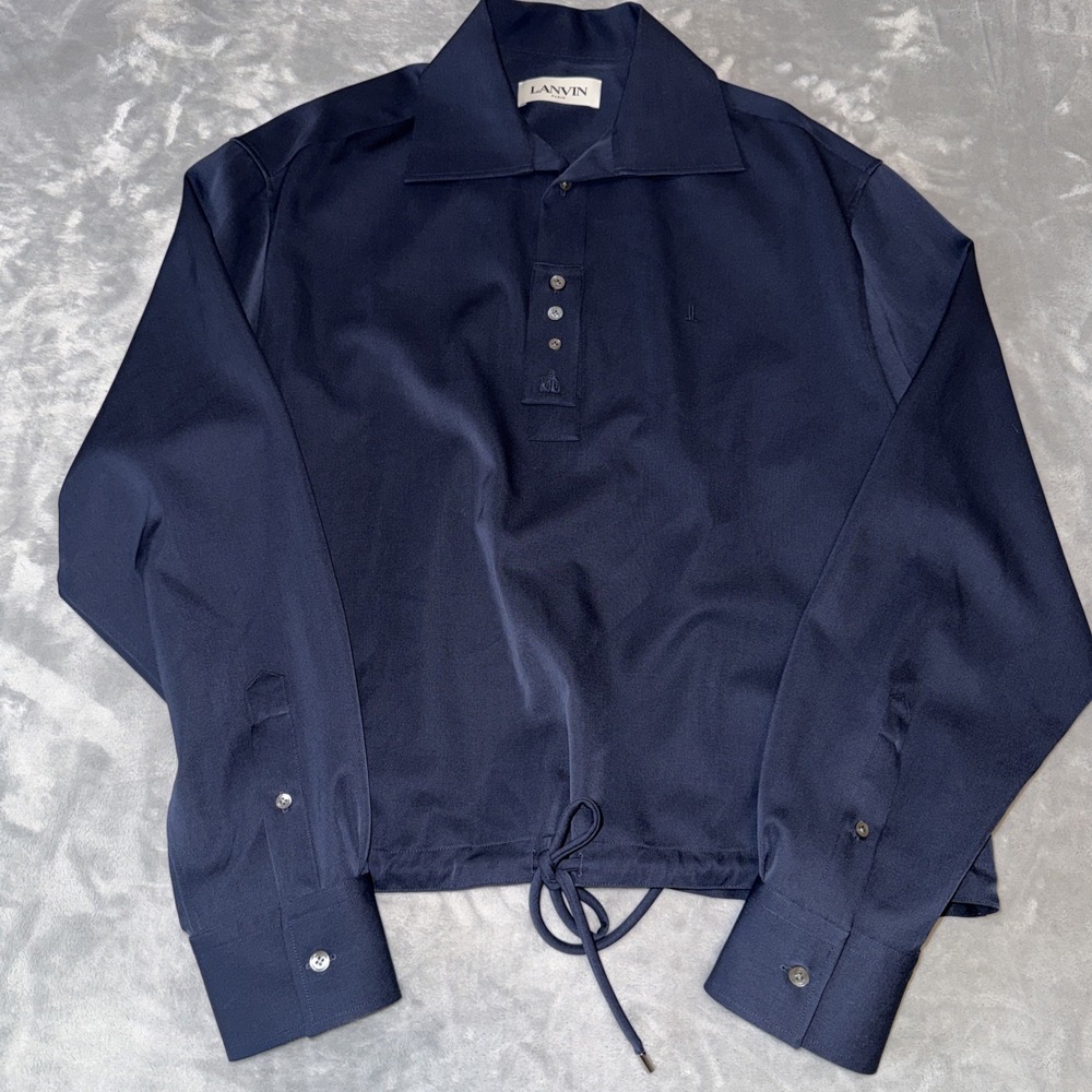 Jeanne‎ Lanvin Paris Blue Pullover Shirt Jacket 41-16 Spread Collar Laine Wool